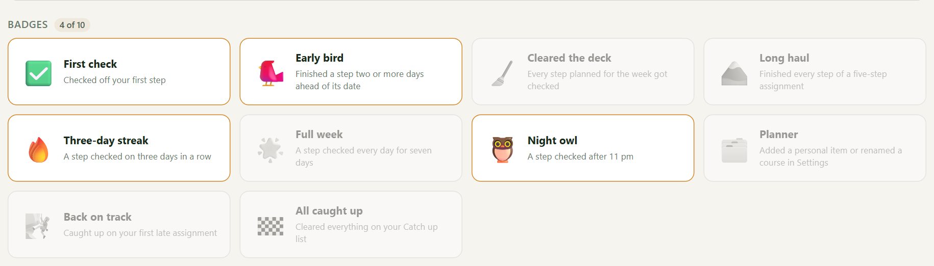 Badges such as First check, Early bird, Three-day streak and Night owl, four of ten earned