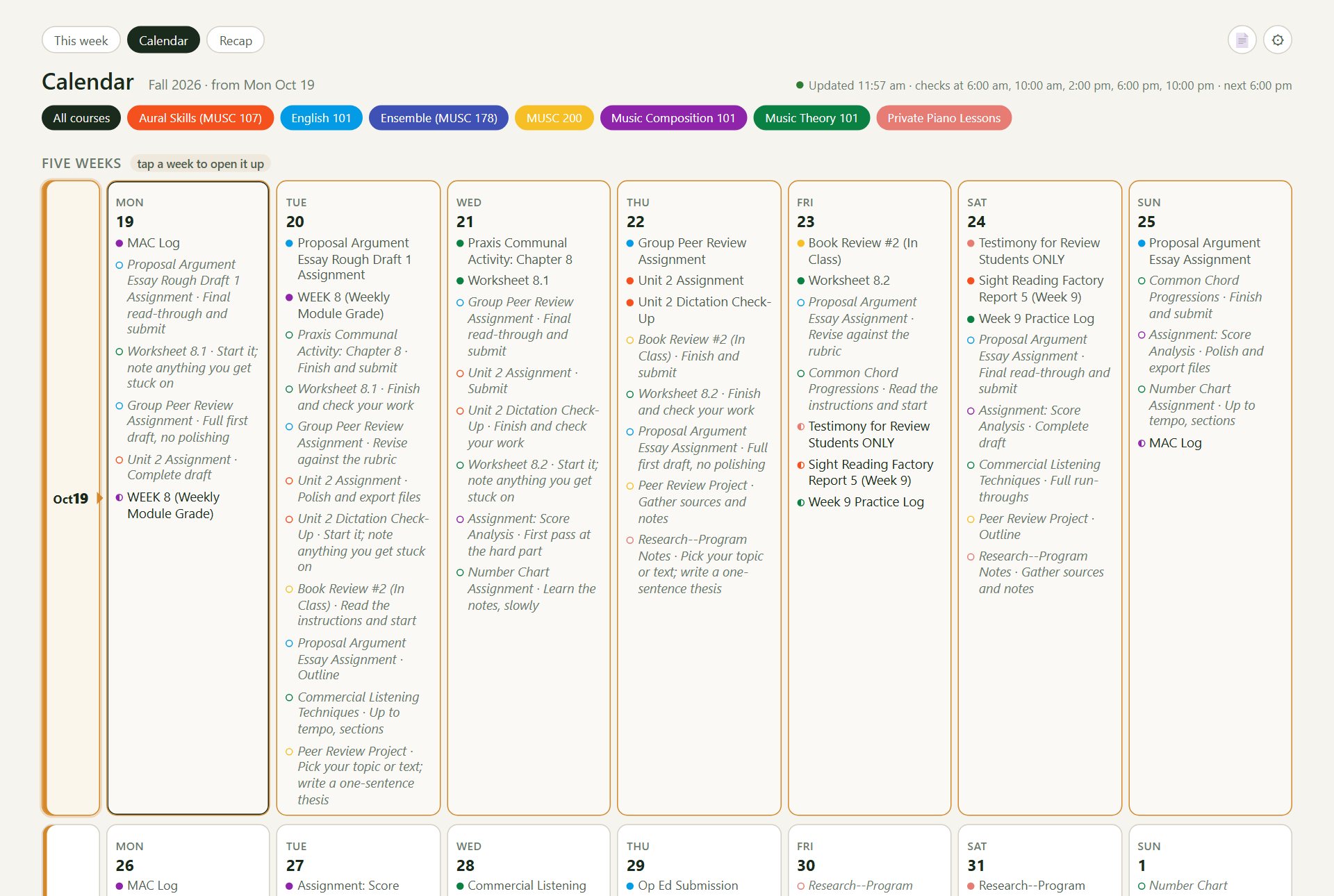 A five-week calendar with each day's due items and planned steps