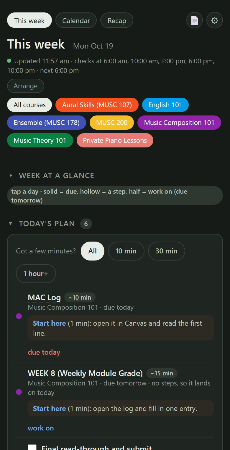 The app on a phone in dark mode: this week's courses as colored tags and today's plan with time estimates
