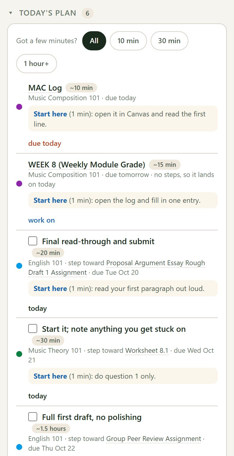 Today's plan on a phone, with buttons to filter by 10 minutes, 30 minutes or an hour